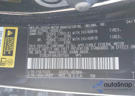 2019 Toyota Highlander Le Plus z USA, uszkodzony, nr VIN 5TDBZRFH0KS991569